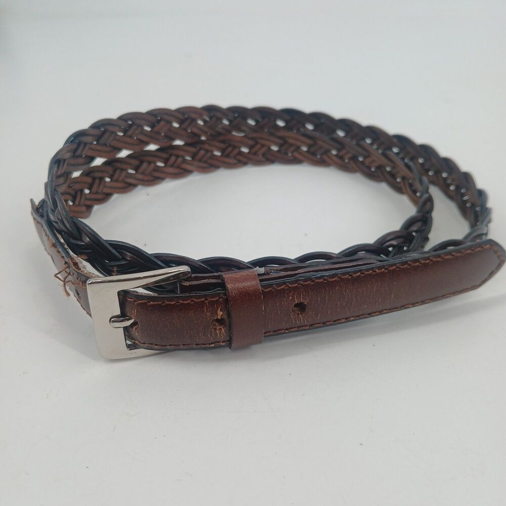 Women's Brown Braided Faux Leather Belt Silver Buckle Size L